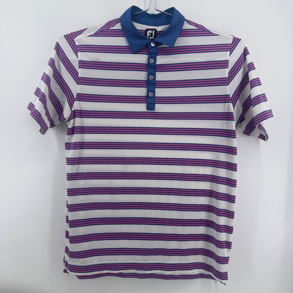 FootJoy Golf Polo Mens L Striped Performance Polyester White Pink Blue Striped